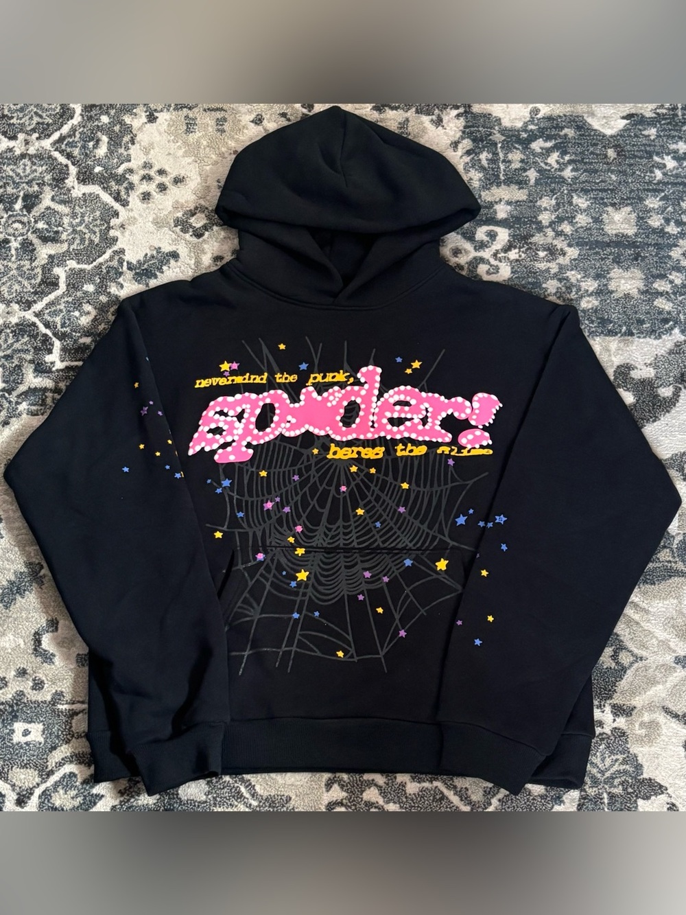 Black Graphic Spiderweb Hoodie with Pink & Yellow Print